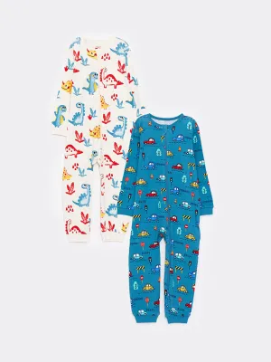 Crew Neck Long Sleeve Printed Baby Boy Jumpsuit 2-pack