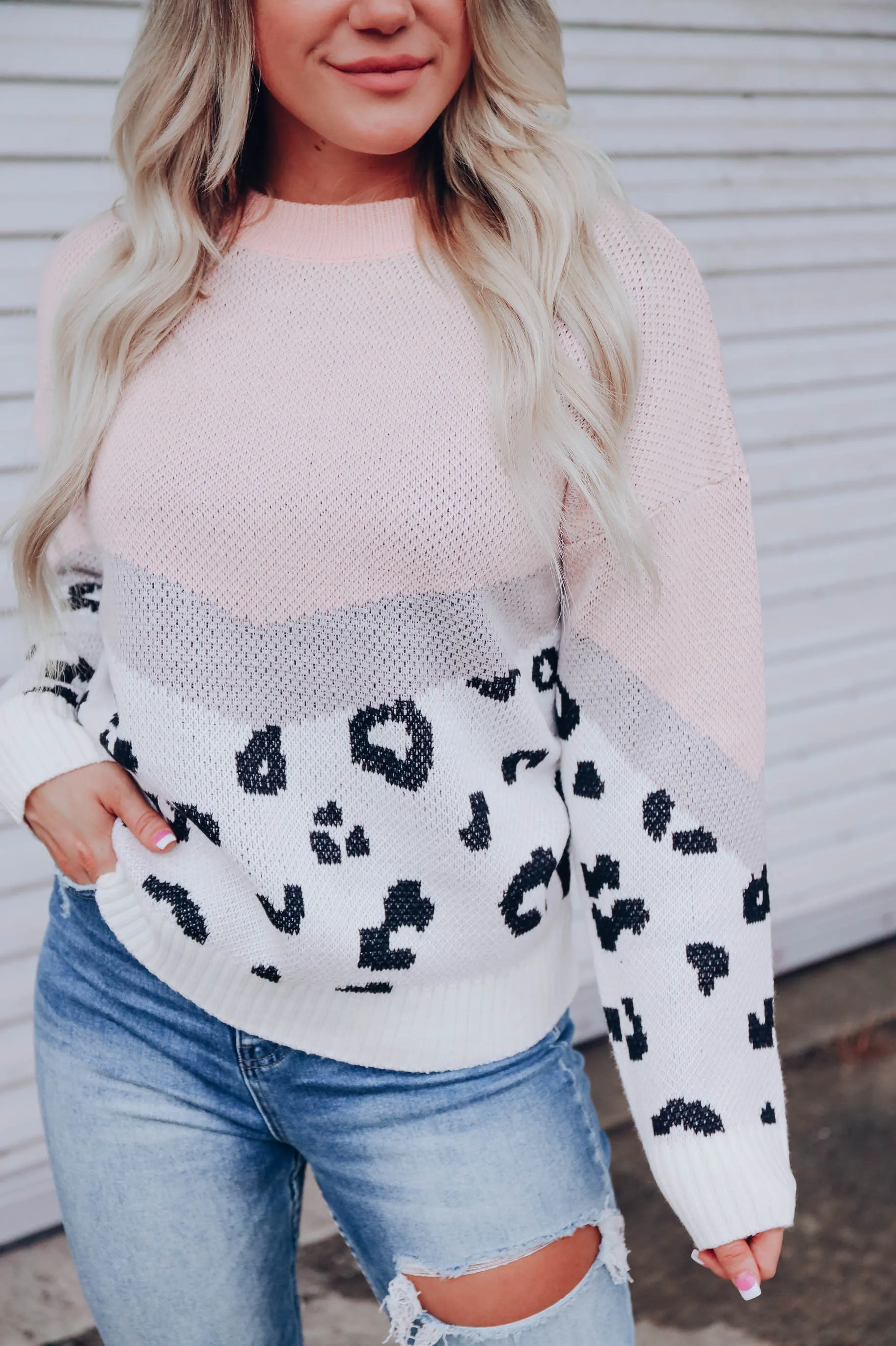 Darling Color Block Leopard Sweater - Blush