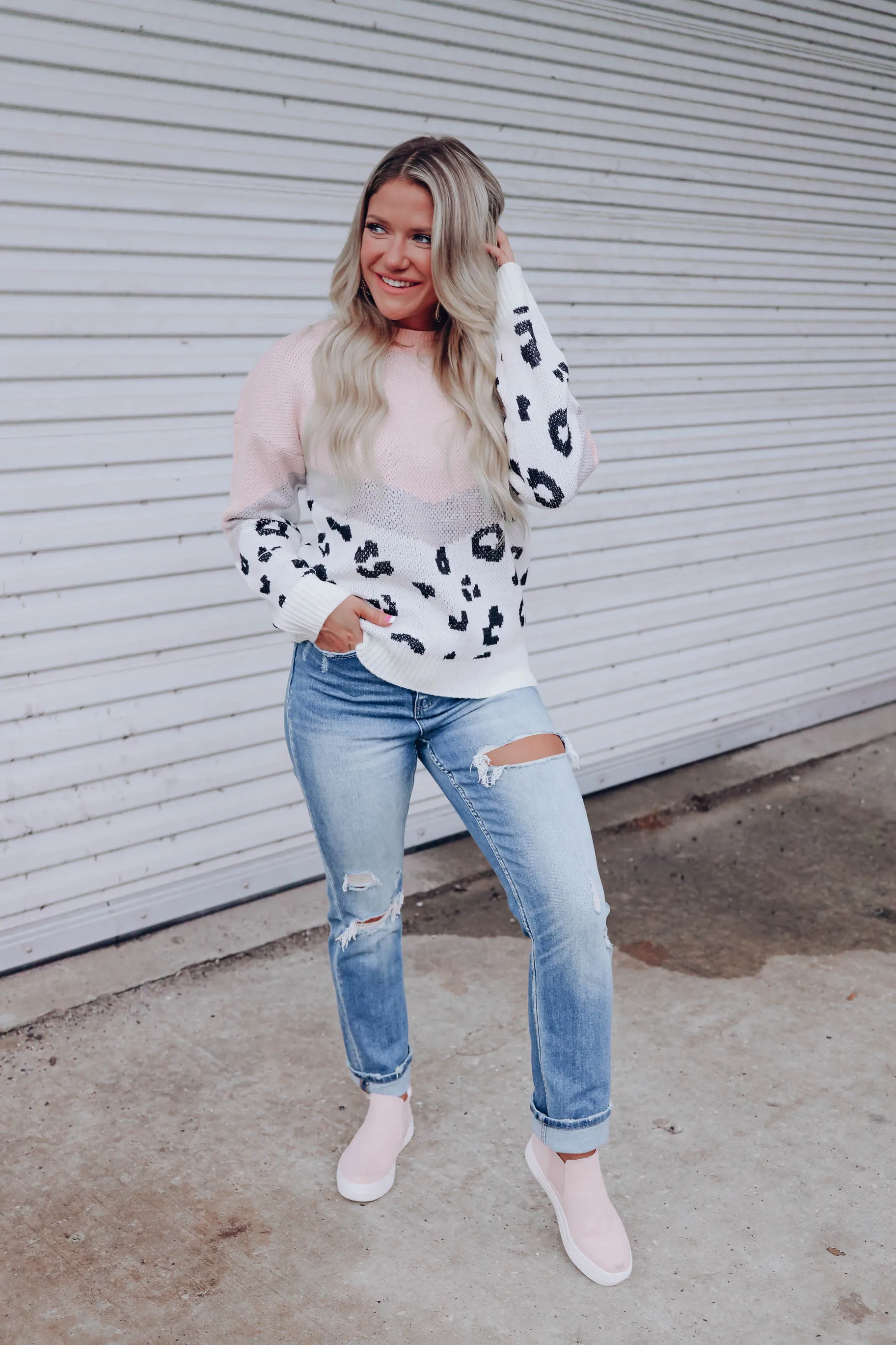 Darling Color Block Leopard Sweater - Blush