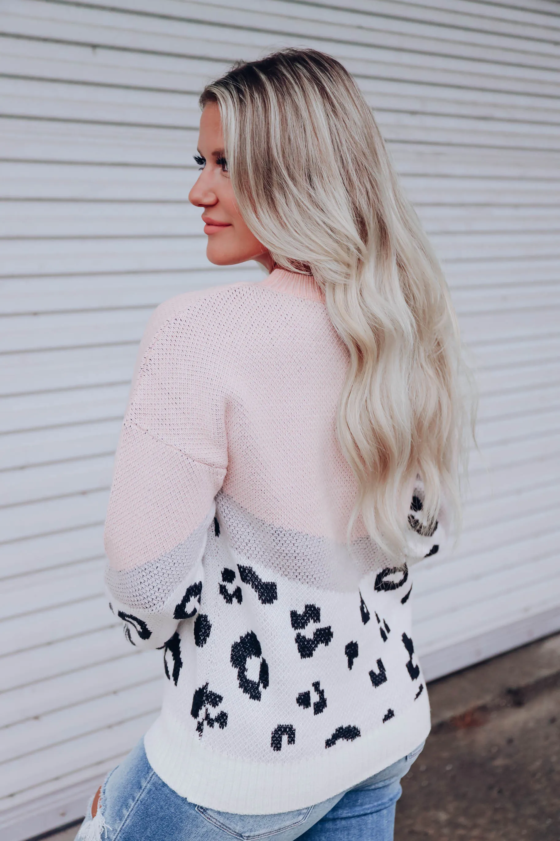 Darling Color Block Leopard Sweater - Blush