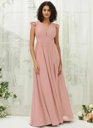 Dusty Pink Cap Sleeves Pleated V-Neck Chiffon Maxi Bridesmaid Dress