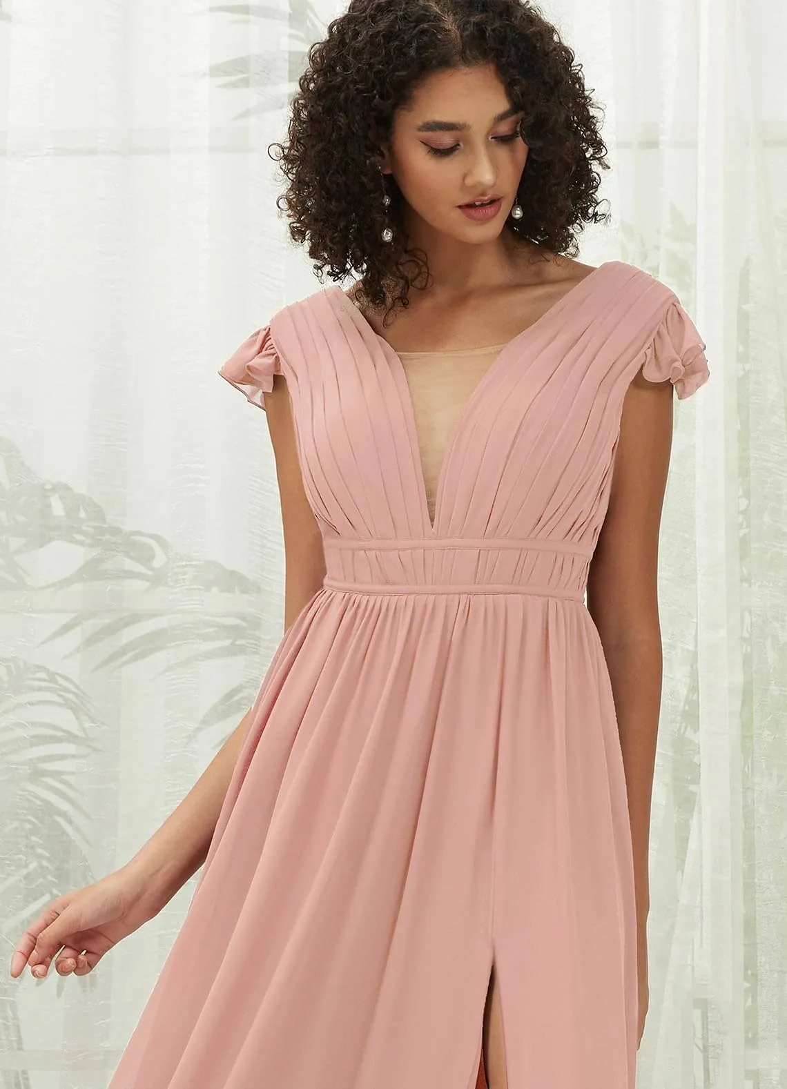 Dusty Pink Cap Sleeves Pleated V-Neck Chiffon Maxi Bridesmaid Dress