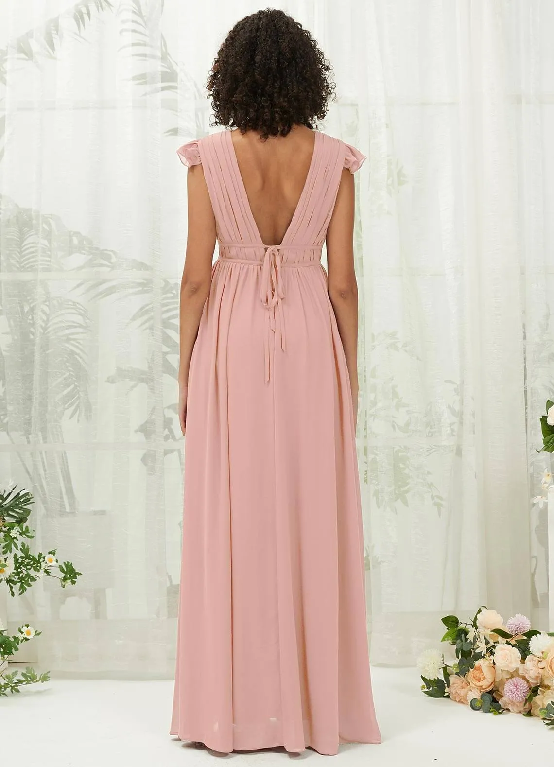 Dusty Pink Cap Sleeves Pleated V-Neck Chiffon Maxi Bridesmaid Dress