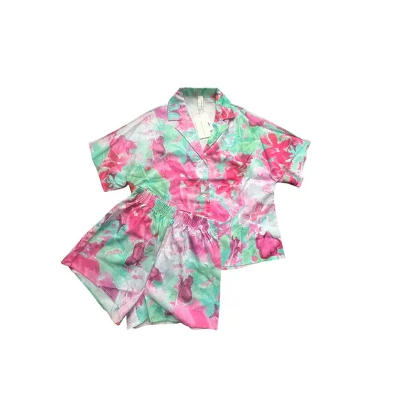 Floral Set Short Sleeve Top Button Up Shorts Pink Green
