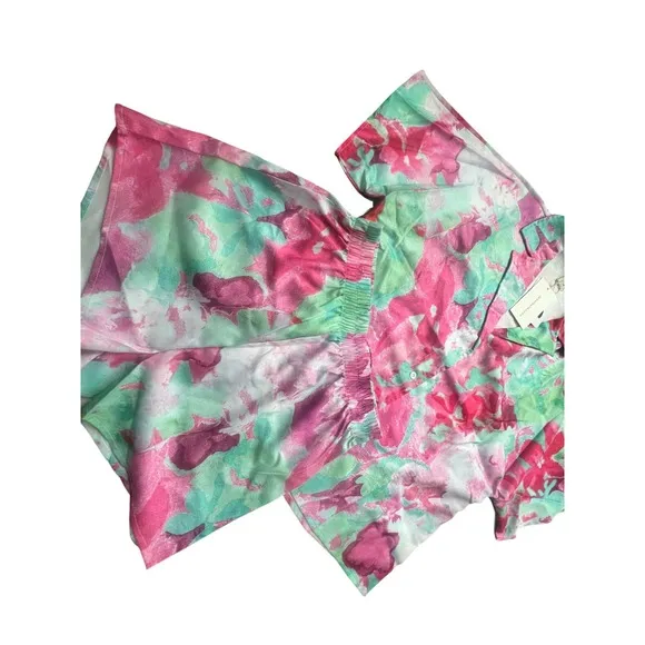 Floral Set Short Sleeve Top Button Up Shorts Pink Green