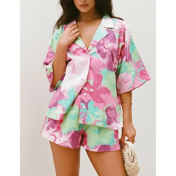 Floral Set Short Sleeve Top Button Up Shorts Pink Green