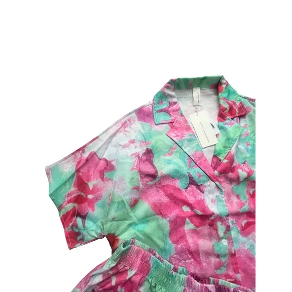 Floral Set Short Sleeve Top Button Up Shorts Pink Green
