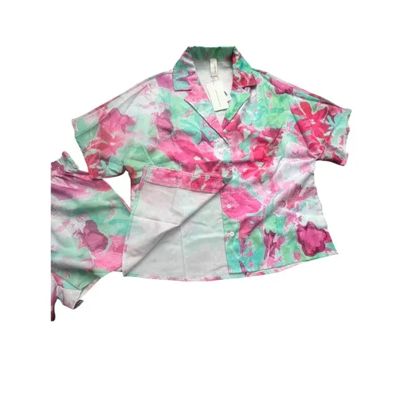Floral Set Short Sleeve Top Button Up Shorts Pink Green