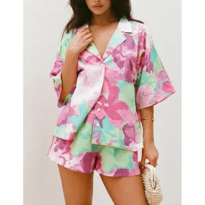 Floral Set Short Sleeve Top Button Up Shorts Pink Green