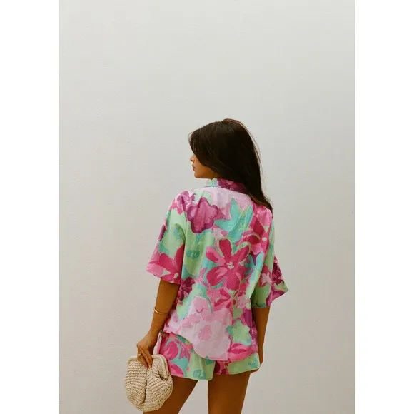Floral Set Short Sleeve Top Button Up Shorts Pink Green