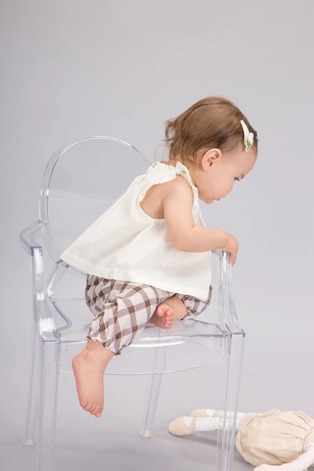 Flutter Sleeve Rose Bud Top & Pants, Butter and Checks