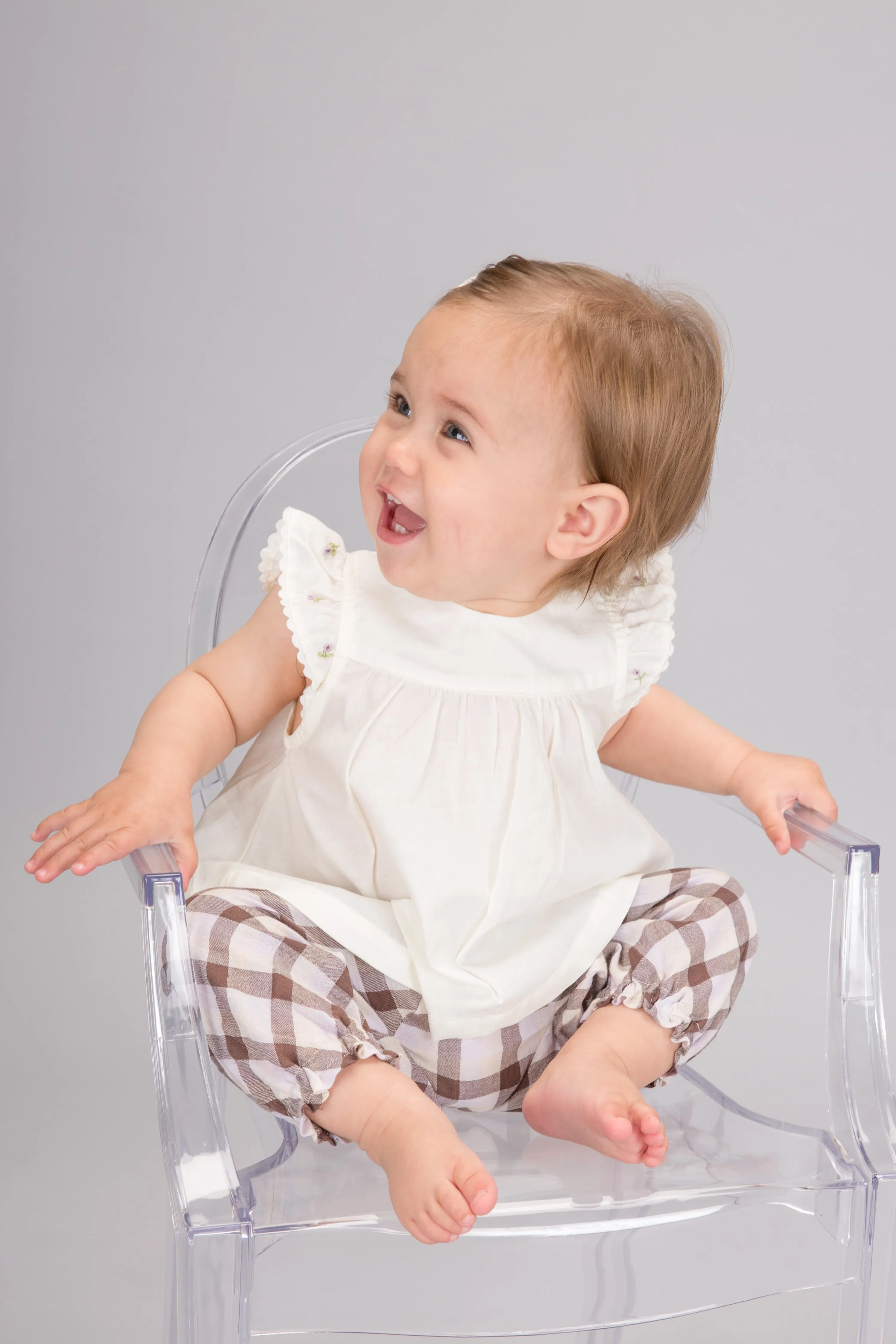 Flutter Sleeve Rose Bud Top & Pants, Butter and Checks