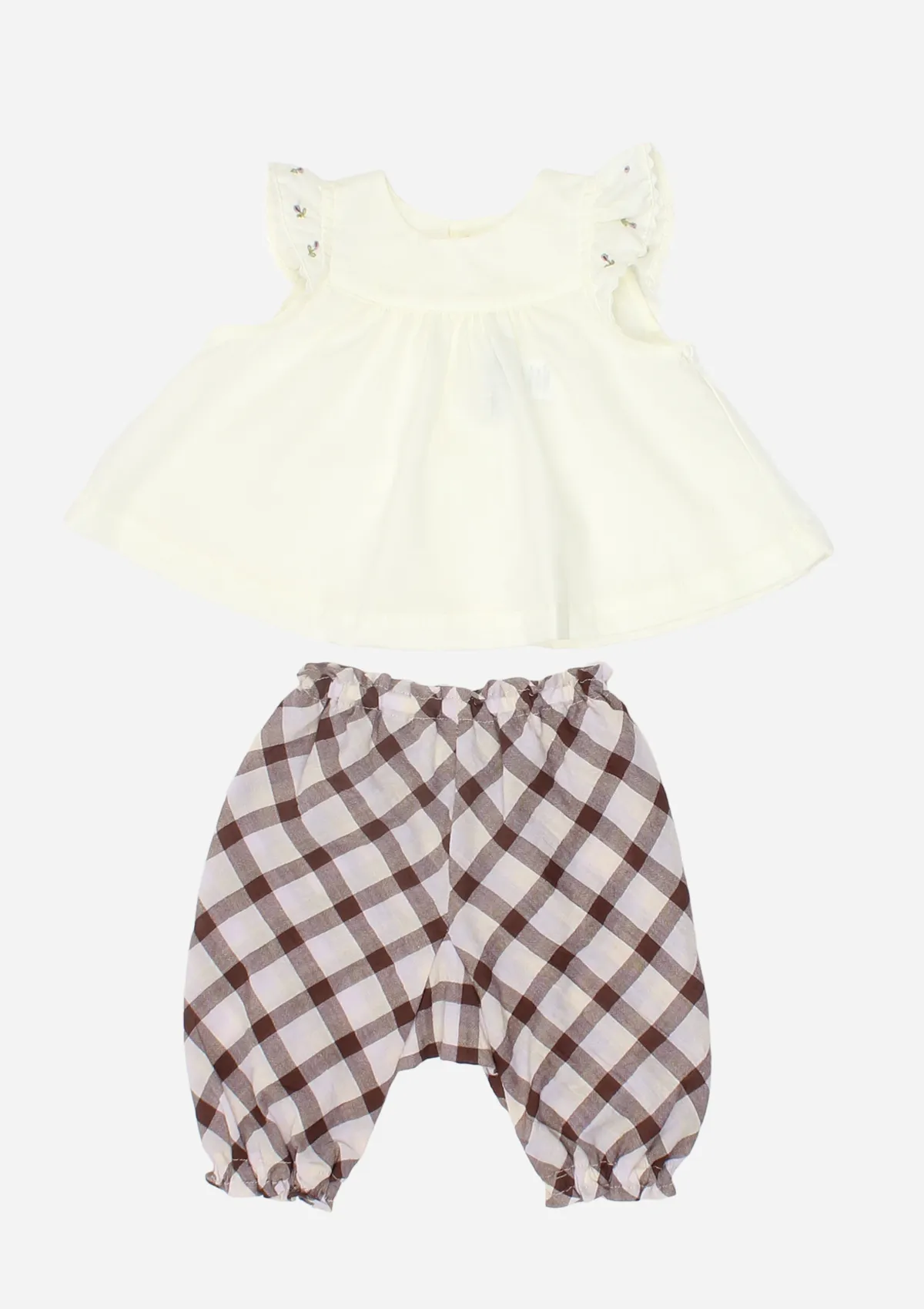 Flutter Sleeve Rose Bud Top & Pants, Butter and Checks