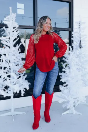 Glistening Sequin Sleeve Top - Red