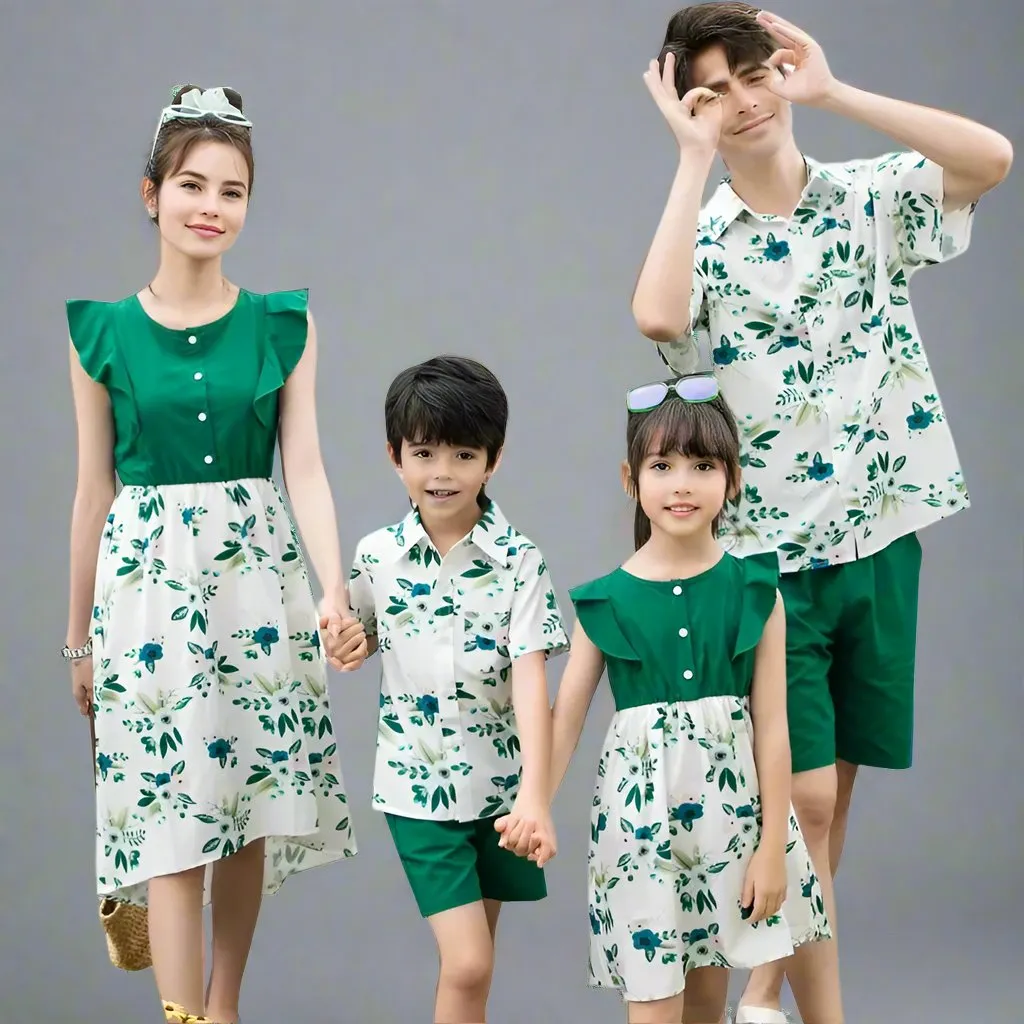 Green and White Matching Family Outfits  Stylish Floral Print Family Set for Parents and Kids