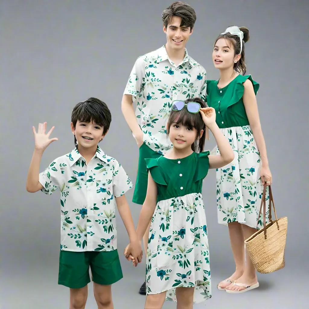Green and White Matching Family Outfits  Stylish Floral Print Family Set for Parents and Kids