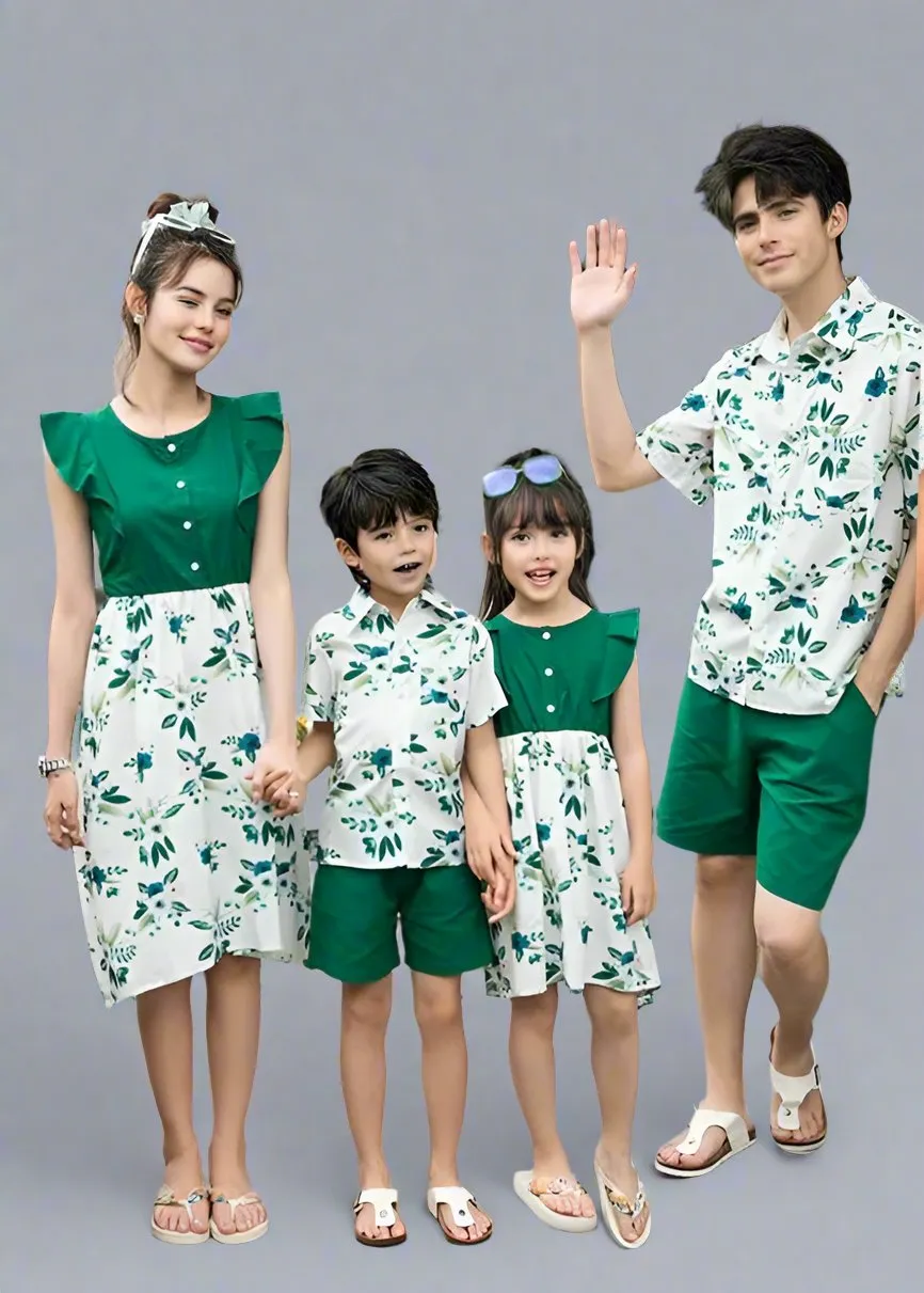 Green and White Matching Family Outfits  Stylish Floral Print Family Set for Parents and Kids