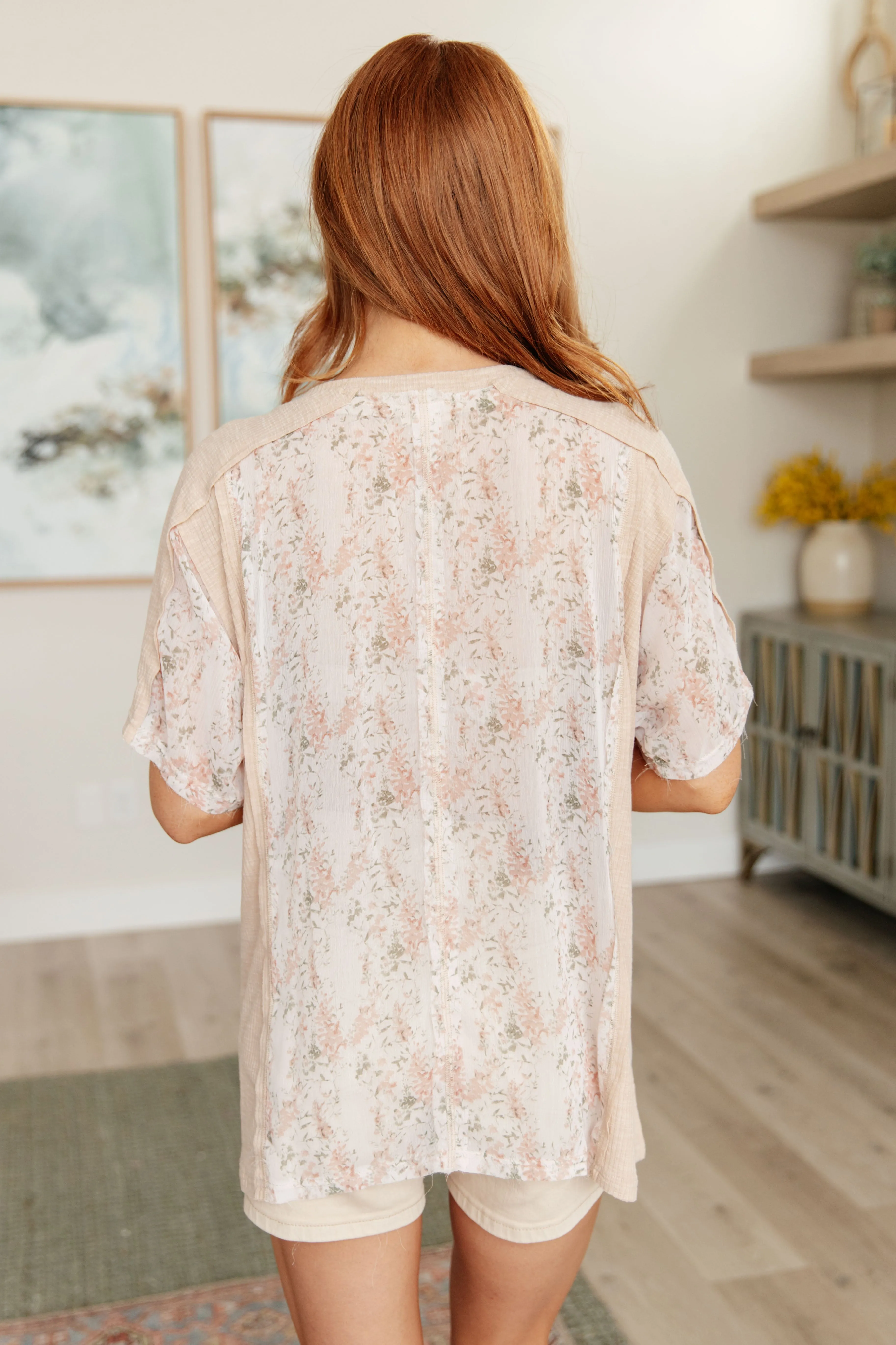 Hazel Blues® |  Mention Me Floral Accent Top in Toasted Almond