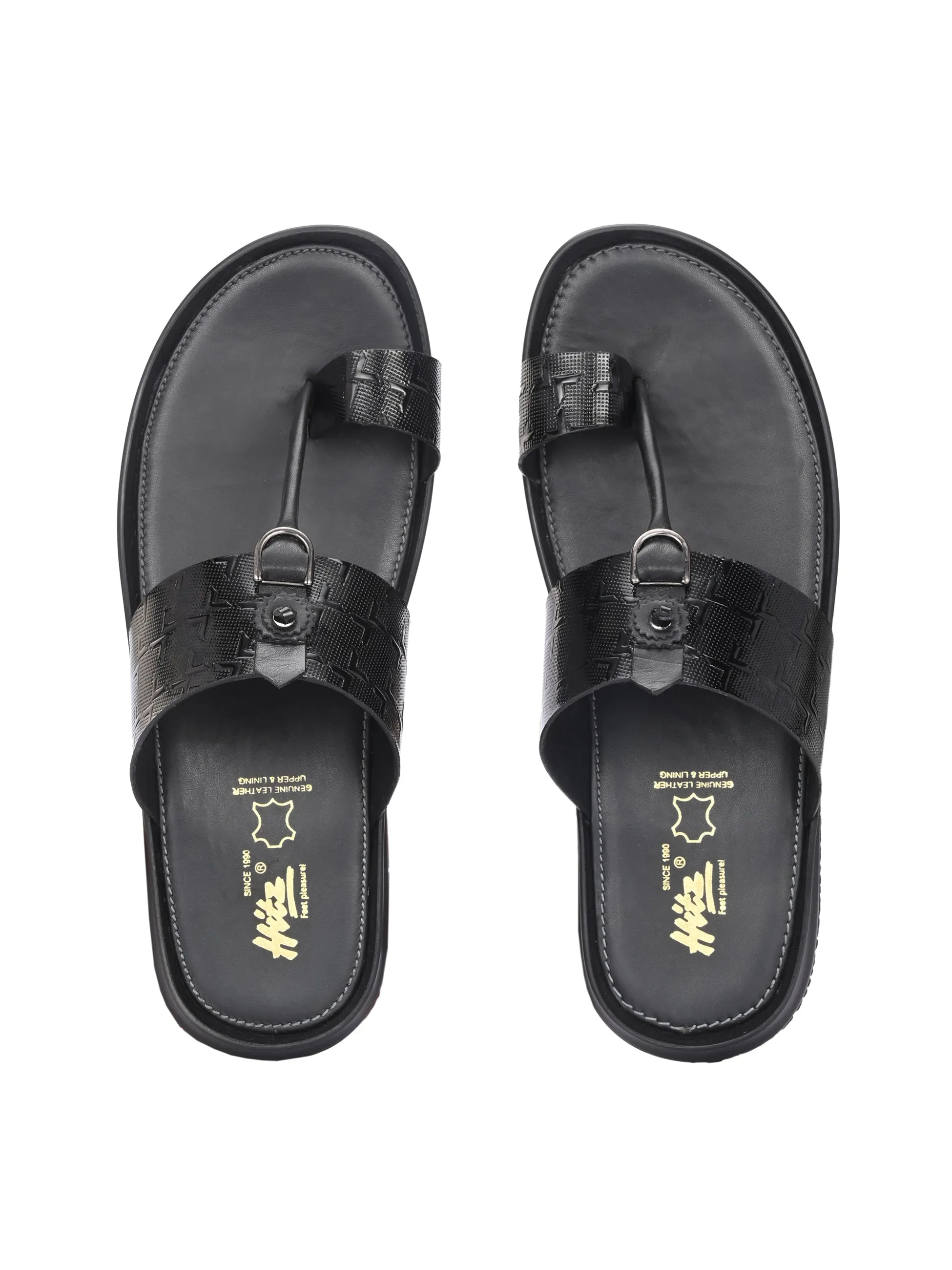 Hitz Men's Black Leather Casual Daily Wear Slipper