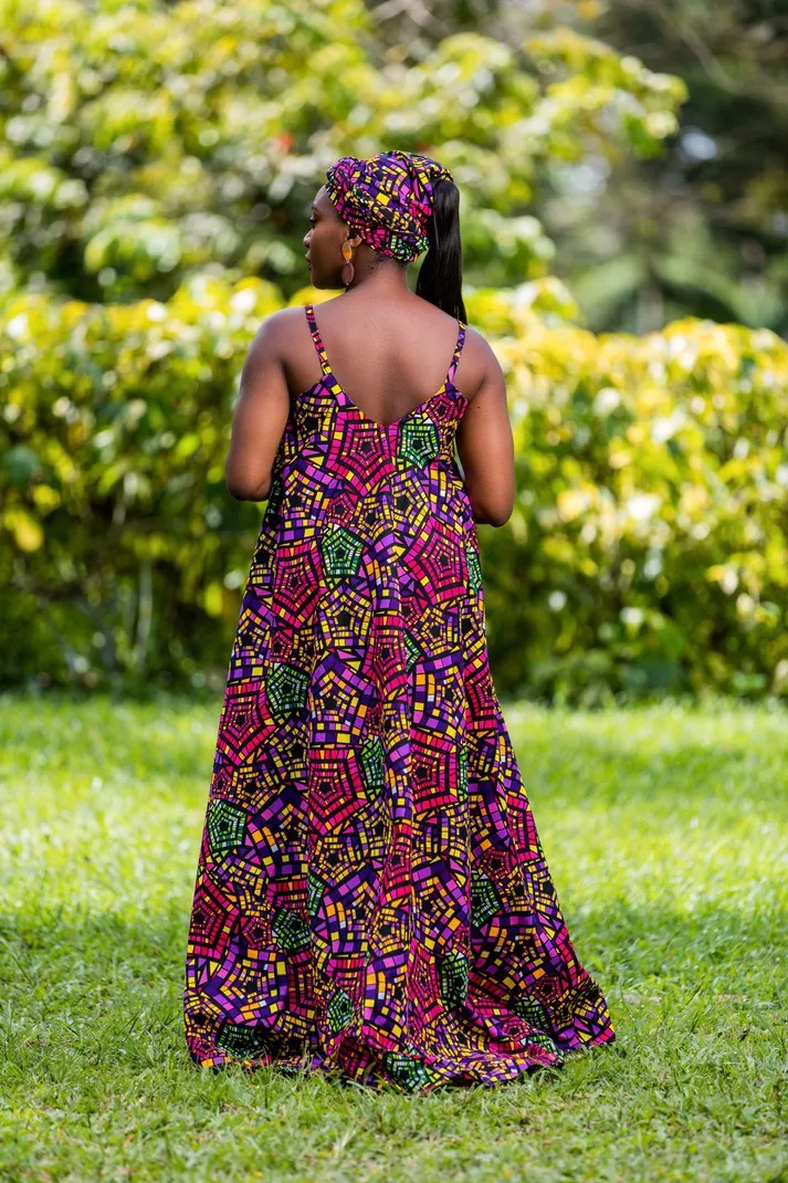 Hot Pink & Purple Full Maxi Dress with Headwrap