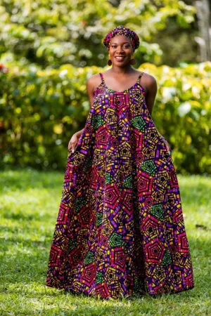 Hot Pink & Purple Full Maxi Dress with Headwrap