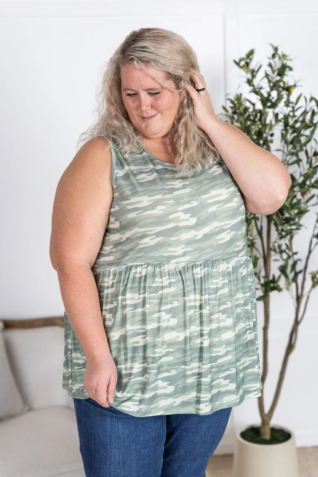 IN PRODUCTION Renee Ruffle Tank Top - Camo