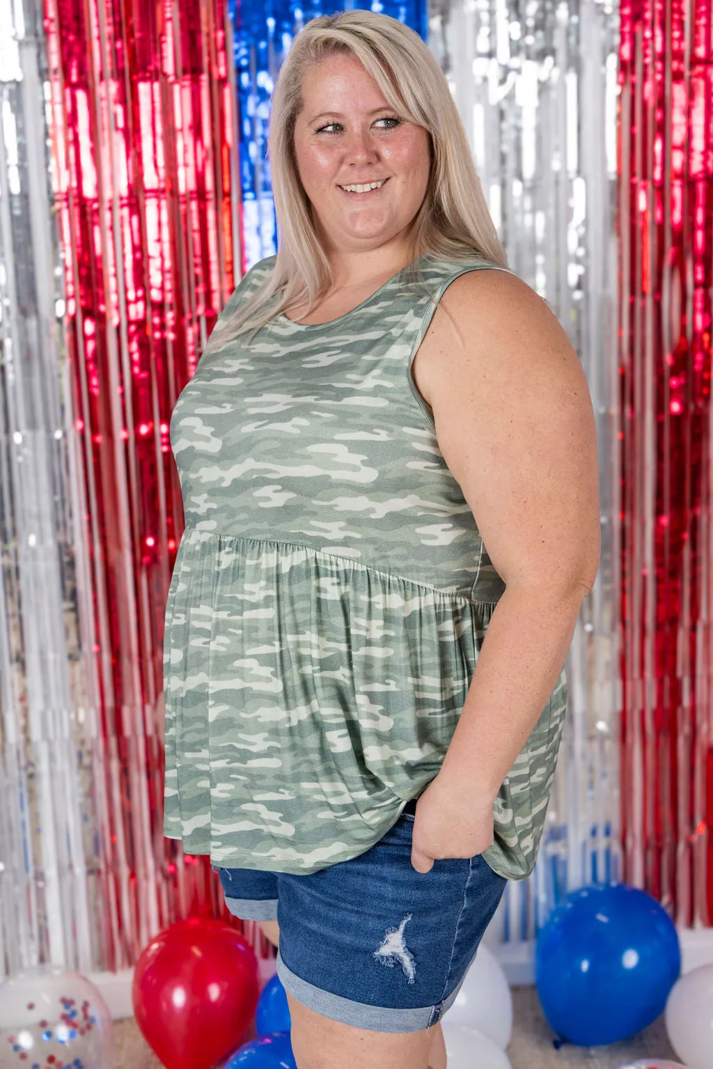 IN PRODUCTION Renee Ruffle Tank Top - Camo