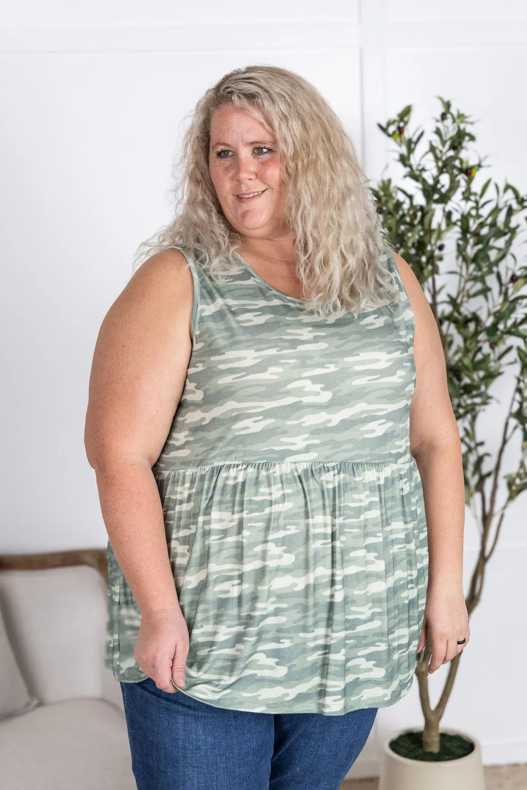 IN PRODUCTION Renee Ruffle Tank Top - Camo