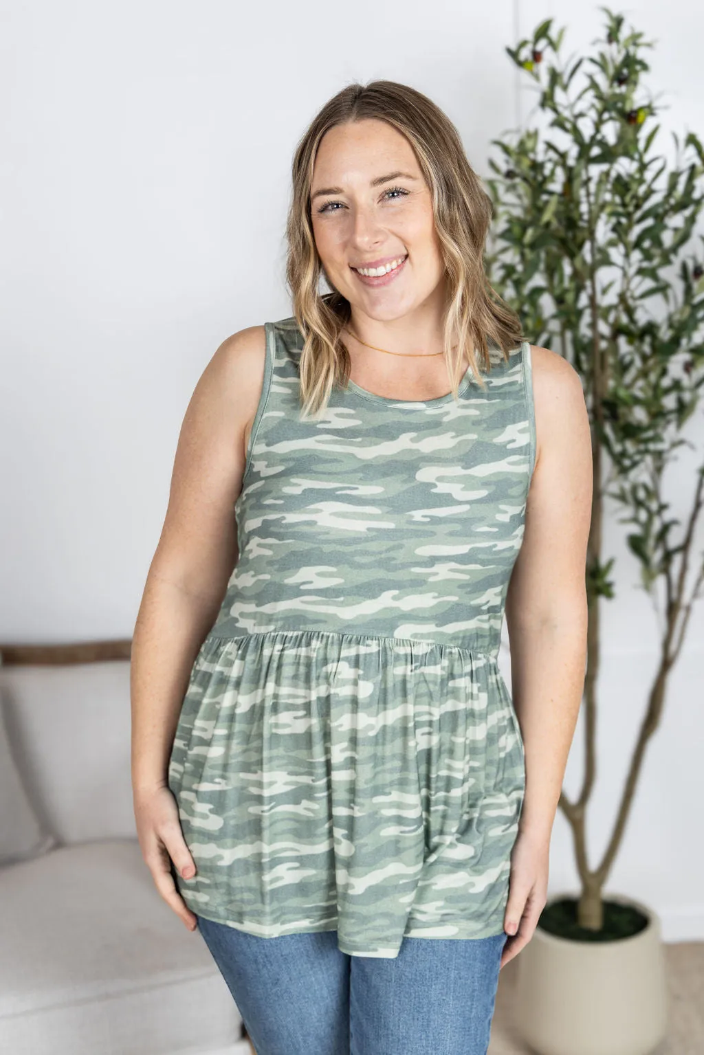IN PRODUCTION Renee Ruffle Tank Top - Camo