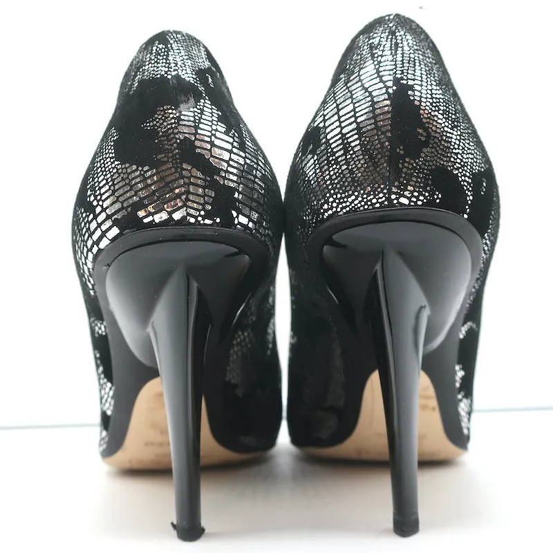 Jimmy Choo Pumps Black Suede & Silver Metallic Camo Size 38 Pointed Toe Heels
