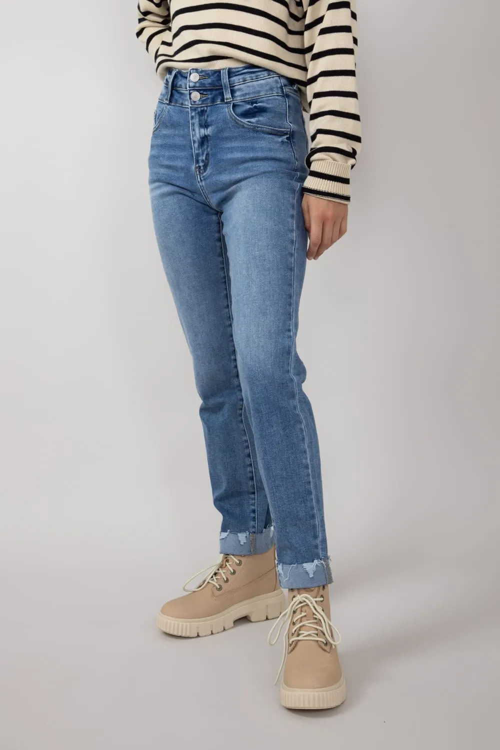 KanCan High Rise Cuffed Slim Straight Jeans for Women | KC20023M