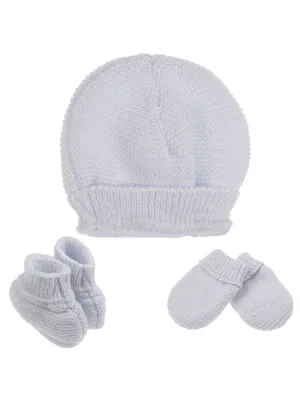 Knitted Hat, Mittens & Booties Set - Blue