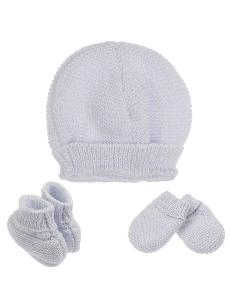 Knitted Hat, Mittens & Booties Set - Blue