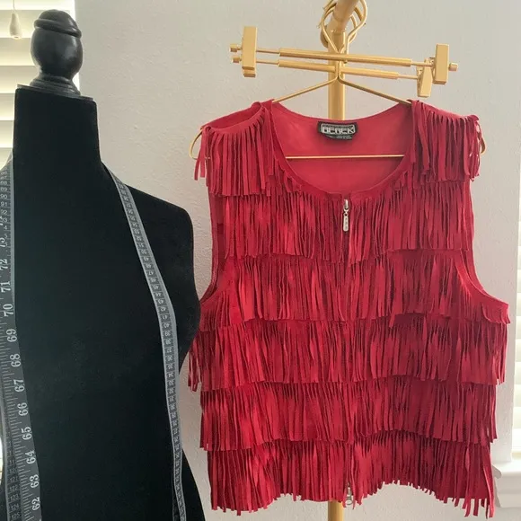 Leather Fringe Vest in red genuine suede.