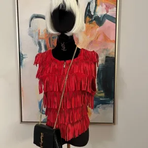 Leather Fringe Vest in red genuine suede.