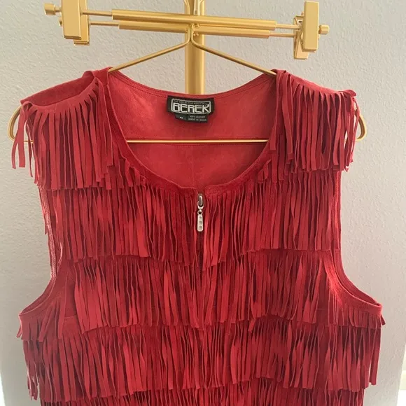 Leather Fringe Vest in red genuine suede.