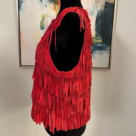 Leather Fringe Vest in red genuine suede.