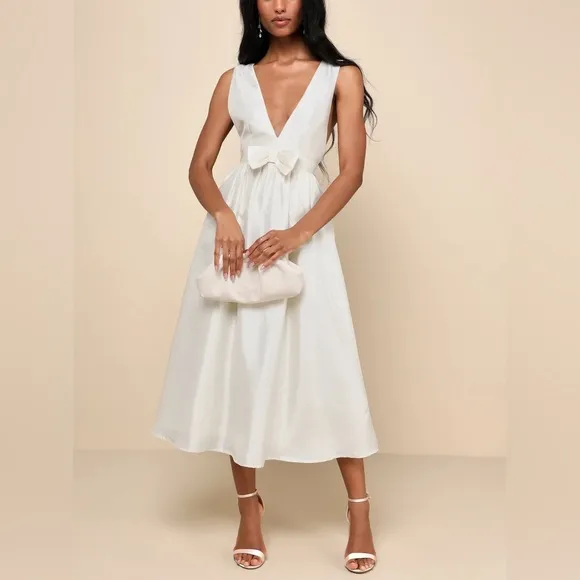 LuLus Elegant Destiny Cream Bow Midi Dress