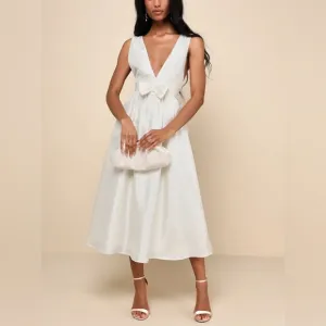 LuLus Elegant Destiny Cream Bow Midi Dress