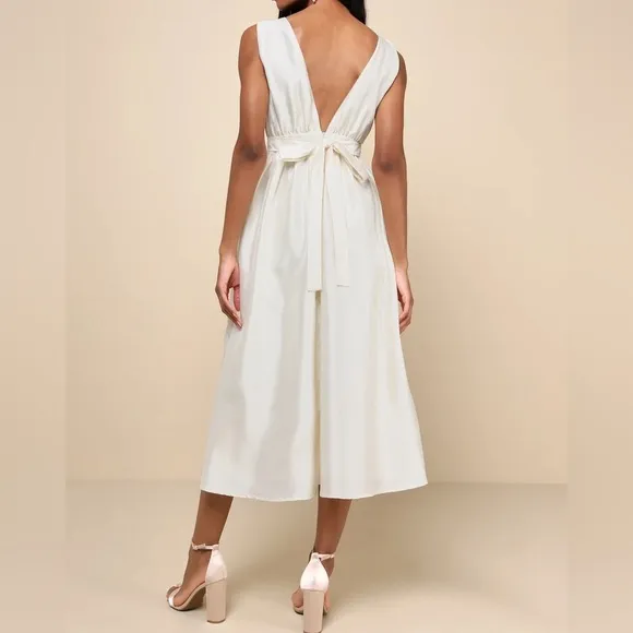 LuLus Elegant Destiny Cream Bow Midi Dress