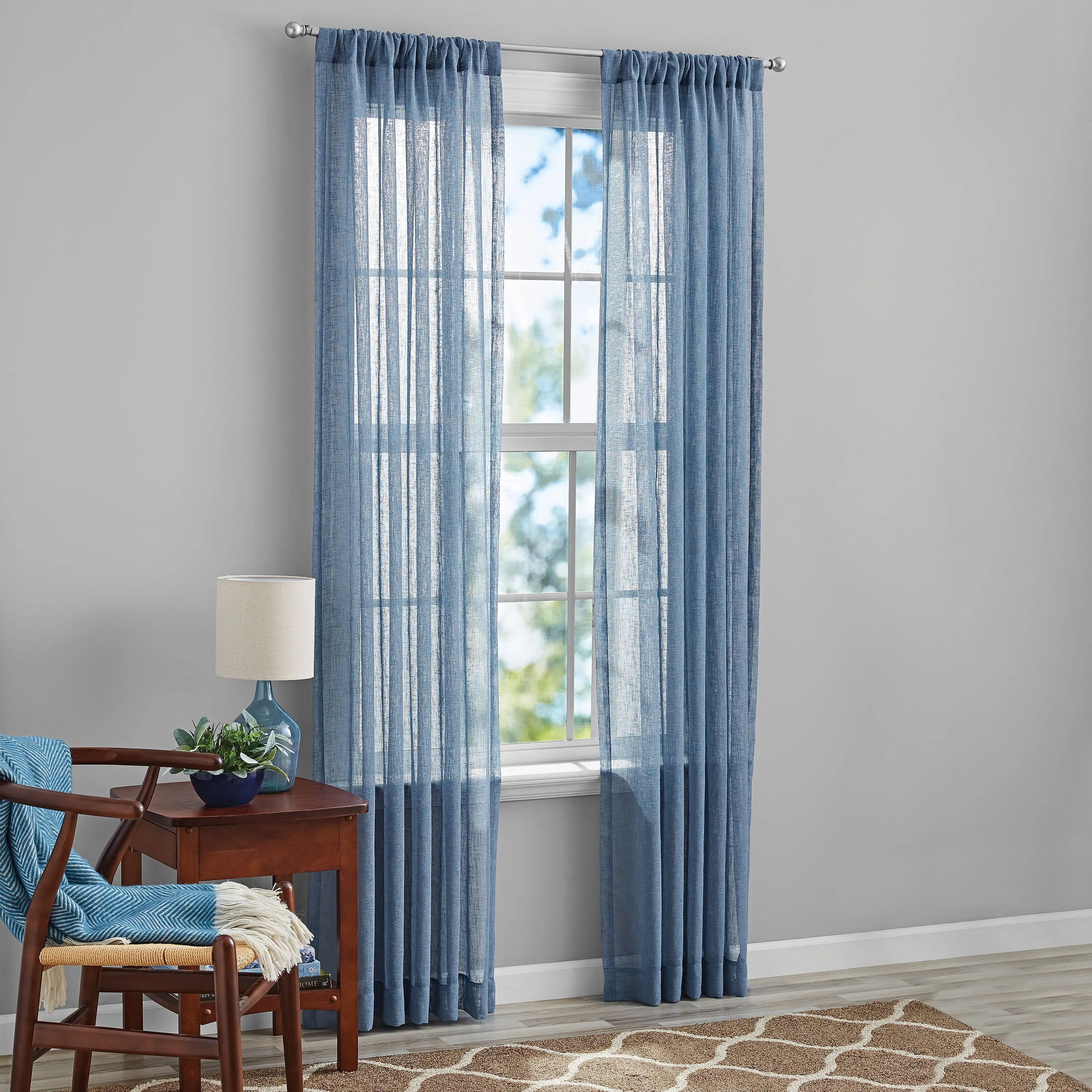 Mainstays Bel Air Polyester Sheer Rod Pocket Single Curtain Panel, Blue, 50"X84"