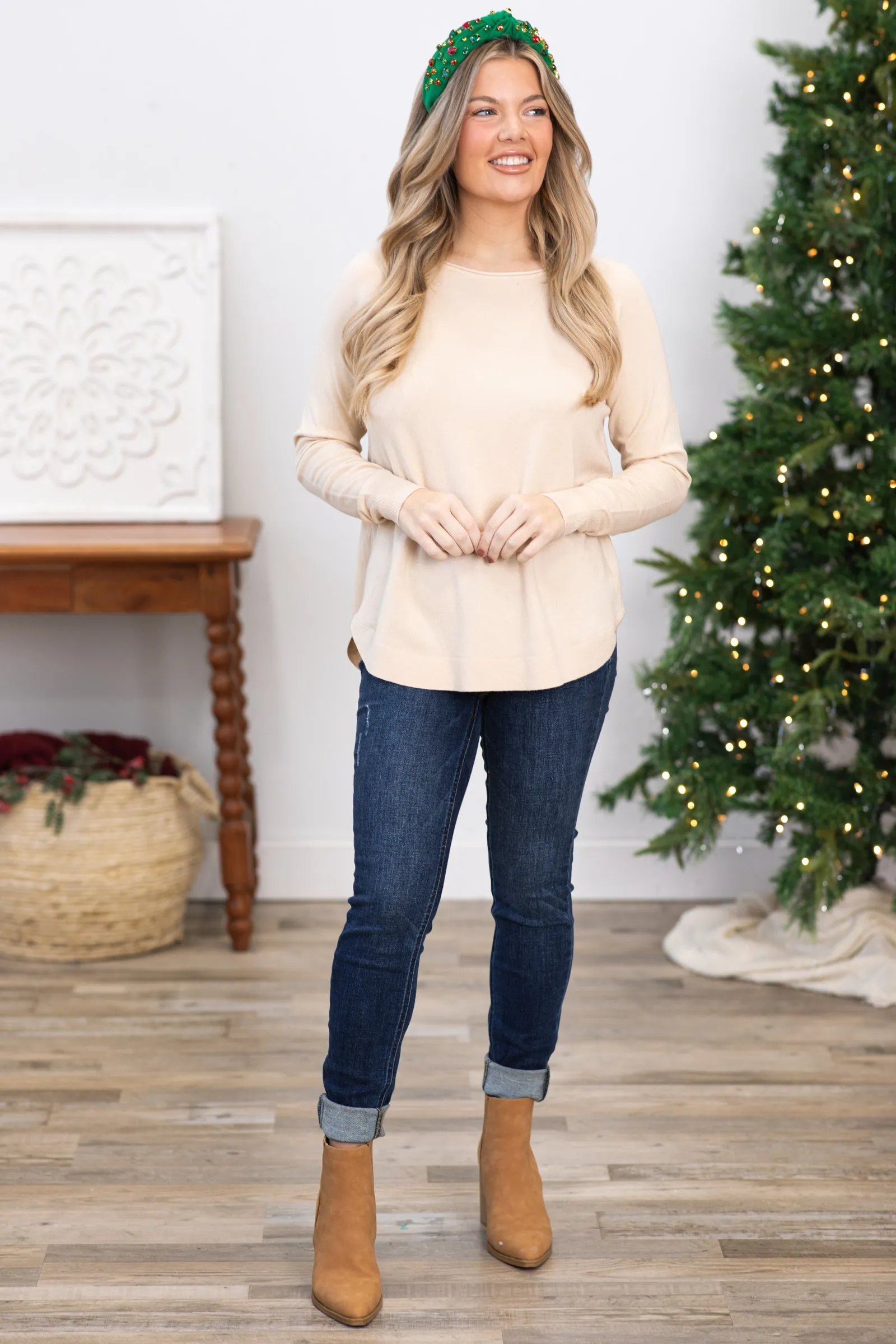 Oatmeal Raglan Sleeve Lightweight Sweater