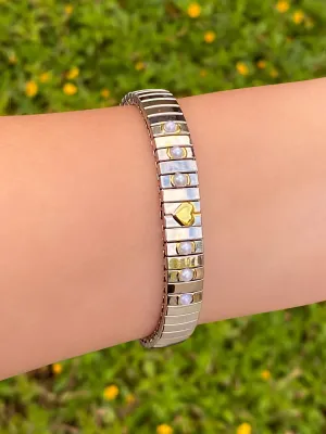 Pulsera Flexible Corazon Dorado Con Perlas
