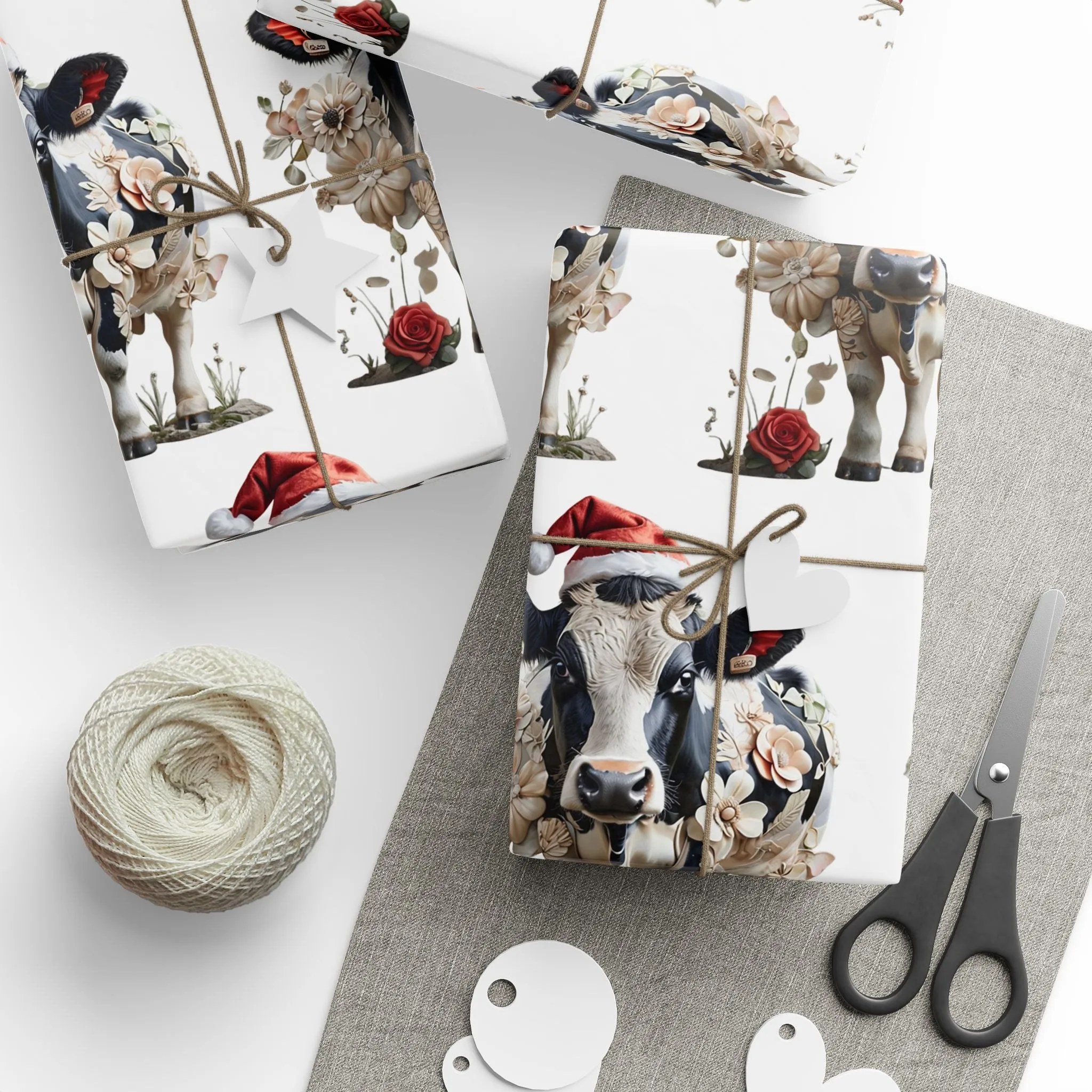 Santa Holiday Cow Wrapping Paper, Christmas Wrapping Paper, Country Design