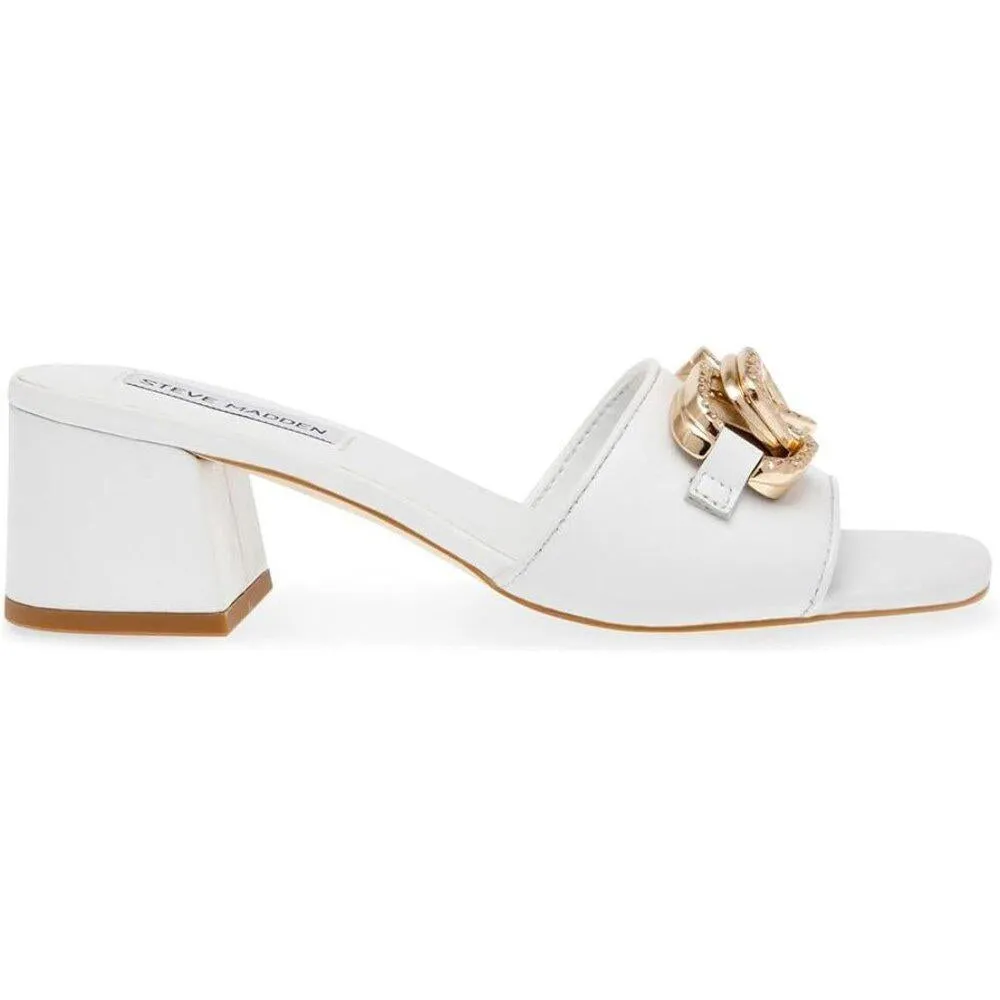 Santana White Leather Chainlink Detail Heeled Sandals