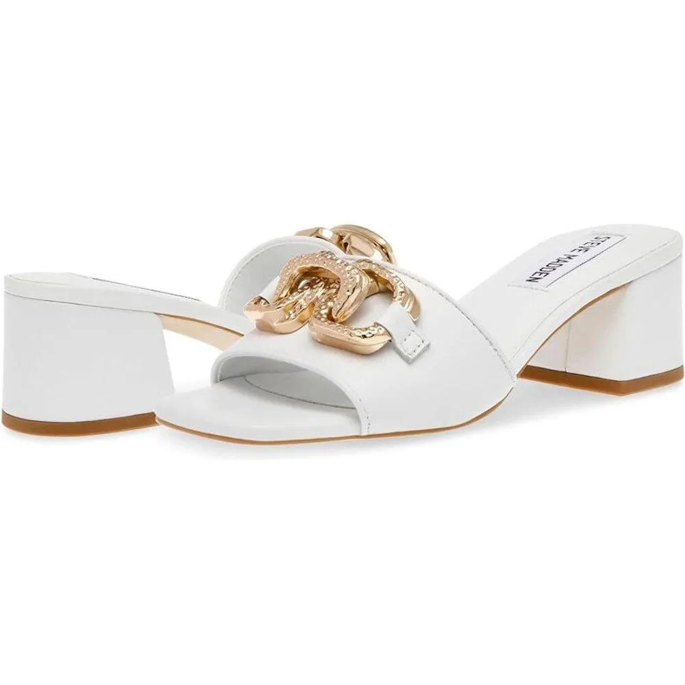 Santana White Leather Chainlink Detail Heeled Sandals