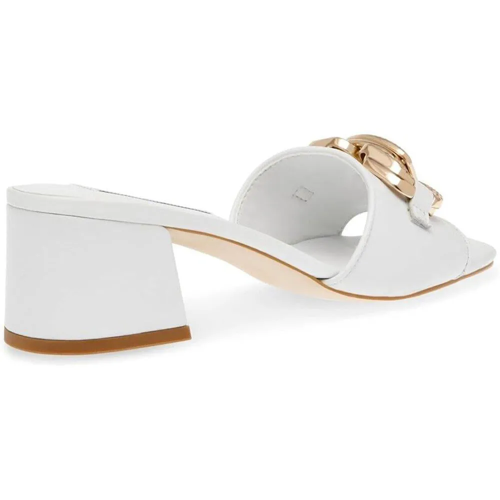 Santana White Leather Chainlink Detail Heeled Sandals