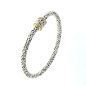 Sterling Silver Tri-Colored (Rose, White and Yellow) Cubic Zirconia Flexible Bangle