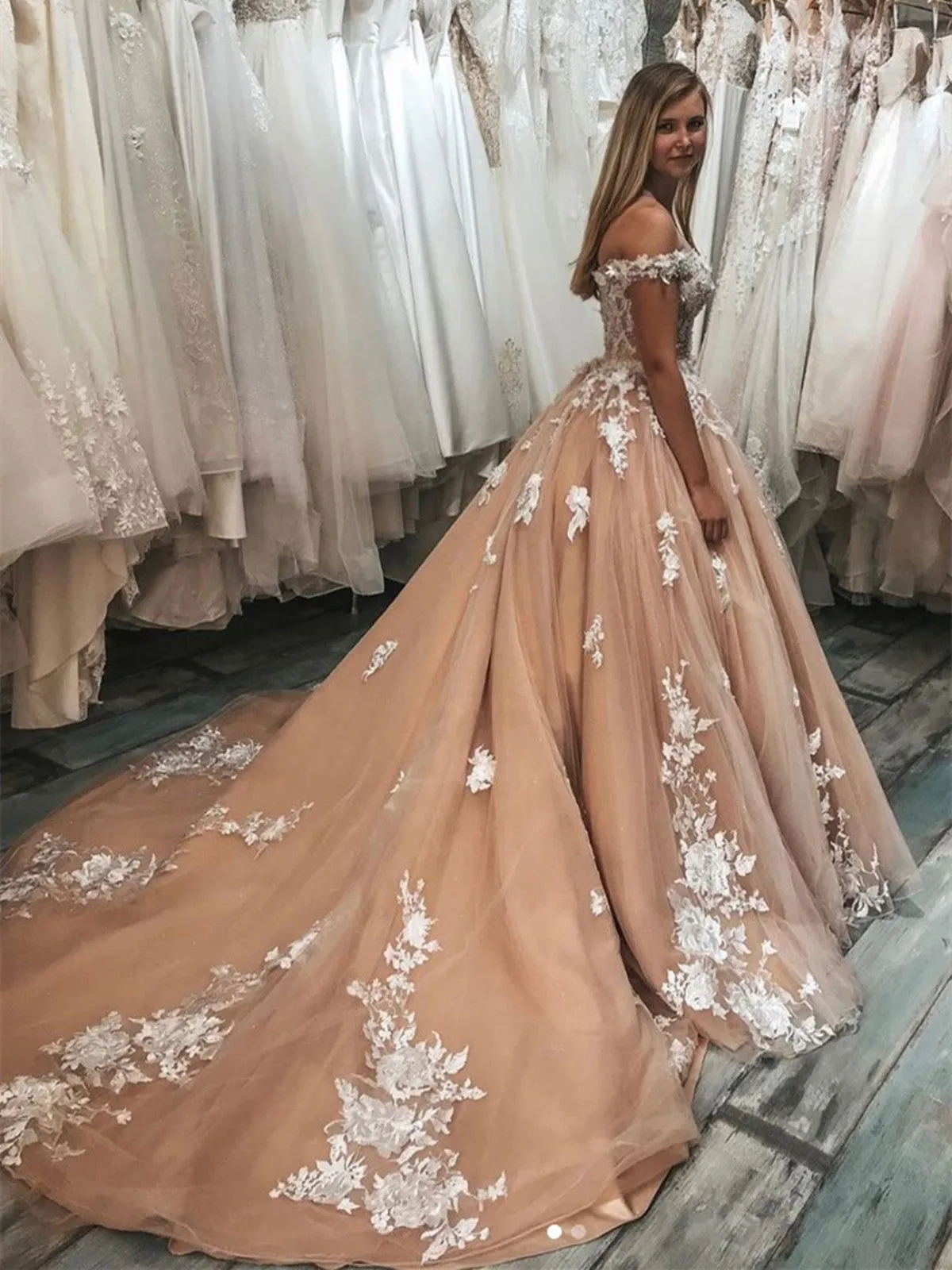 Stylish Off Shoulder Champagne Tulle Lace Long Prom Dress, Off Shoulder Champagne Lace Long Evening Dress