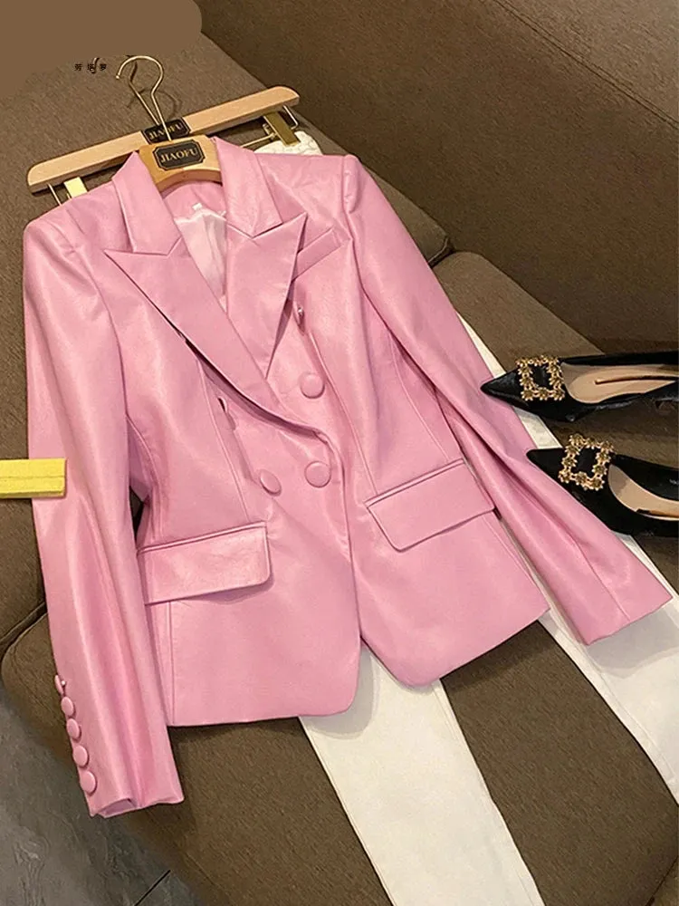 Stylish Short Pink Soft Pu Leather  Long Sleeve Slim Fit Jackets for Women